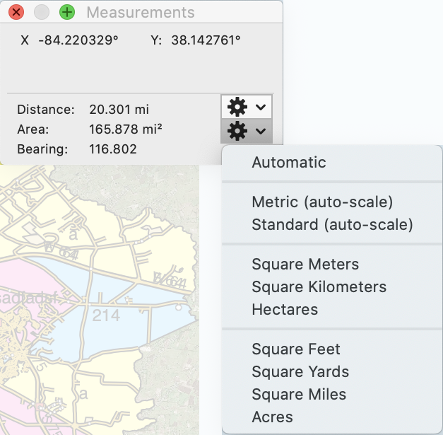 Measurement Window Drop Down menu